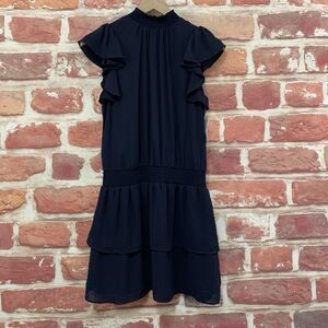1 State Dress Women's Small Dark Blue Tiered Flutter Sleeve Smocked High Neck